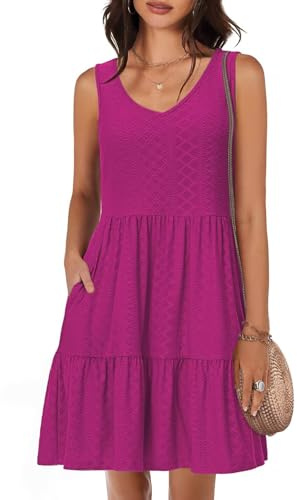 Tanmolo Vestidos de Verano para Mujer Ligeros Aireados Cortos Vestidos de Playa Vacaciones Cuello V sin Mangas（Rosa Fucsia Brillante 2XL）