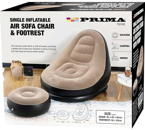 2 Piece Single Inflatable Air Sofa Chair & Footrest - Indoor Blow up Lounger Chairs for Adults & Children | For Vacation, Home & Camping - Gaming Chair, Movies & Reading - 95 x 85 x 80cm