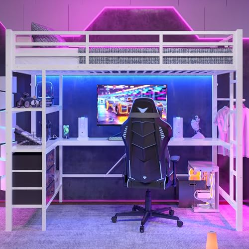 Kebnor Hochbett, Mit LED-Leuchten, Schreibtisch, Steckdose + USB, 3 Schubladen, Regale, Geländer, Treppe, ohne Matratze,90 * 200cm (Weiß)