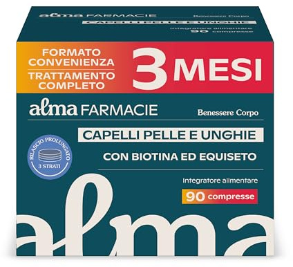Capelli, Pelle e Unghie Biotina Alma Farmacie 90 Compresse 3 Mesi | Con Biotina, Zinco e Ginkgo Biloba, Integratore alta concentrazione, 3 strati a rilascio prolungato. Senza Glutine e Lattosio