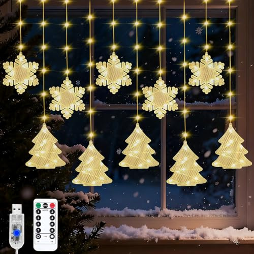 Weihnachtsbeleuchtung Fenster Lichtervorhang Innen, 2M LED Weihnachtsdeko Fenster Beleuchtet, Schneeflocken Weihnachtsbaum Lichterkette Deko, Lichterkette Weihnachten Fensterbeleuchtung, Warmweiß USB