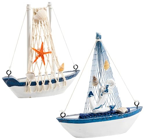 KFSCIP Nautical Bathroom Accessories, 2 Wooden Sailboat Models for Bathroom Decor, Seaside Themed Ornaments for Home and Party Decorations, 12.5 X 11 X 3 Cm