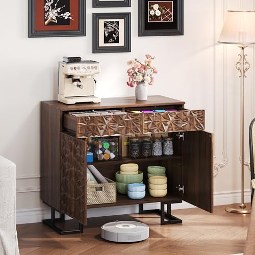 Aunvla Aparador 80 × 40 × 78 cm – Serie Hojas Poesía – Aspecto de nogal oscuro con relieve de hojas – Patas de metal, 2 cajones y 2 puertas – Aparador sin mango para salón y comedor