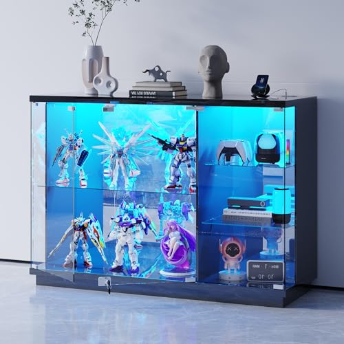 Glass Display Cabinet with Lock & LED Light for Living Room,Kitchen,Black | High Glass Sideboard with Human Body Sensor & Glass Shelves for Toys,Books,Collectibles,Liquor