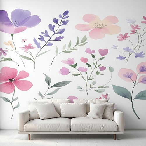 Generico Carta da Parati Fiore Acquerello, 230X180cm, Carta da Parati Tessuto Non Tessuto Fiore Rosa e Viola Botanico, Camera da Letto Decorazioni Parete Soggiorno Decorazione Cucina Décor EL&D60