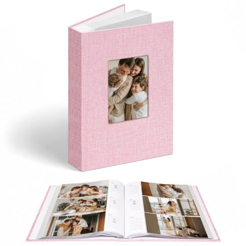 Vienrose Album Fotografico con 300 Foto 6x4 in Tela Lino con Finestra, Pagine Acido-Free con Spazio per Appunti, Album Ricordi Grande Capacità per Matrimonio, Famiglia, Neonato, Anniversario (Rosa)