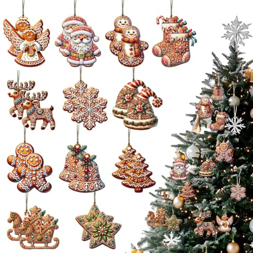 DOKRIN Decoración original para navidad,Set de 24 muñecos de nieve de madera con forma de hombrecito de jengibre para el árbol de Navidad