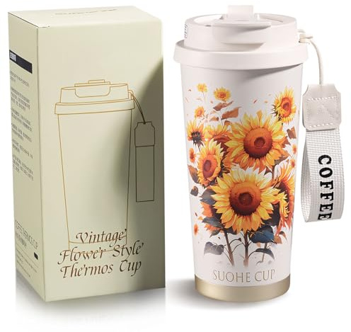 Xevinas Keramik Coffee to go Becher, Doppelwandiger Thermobecher Porzellan mit Blumenmuster, Isolierter Kaffeebecher to go Thermo für Auto & Büro (A)
