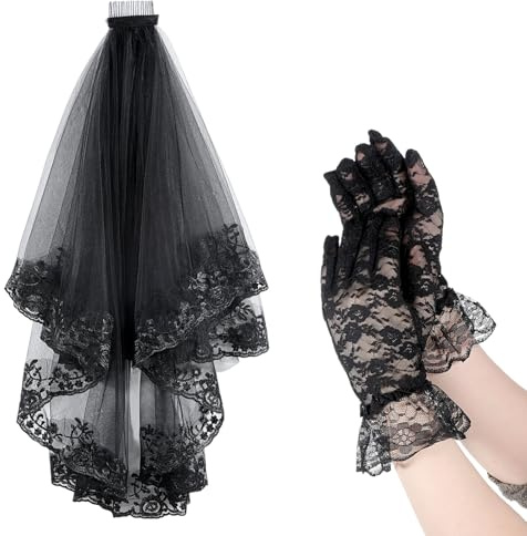 Tucnoeu 2 Stück Schwarzer Schleier Brautschleier Halloween mit Kamm Gloves | Halloween Hexe Cosplay, Hochzeit, JGA, Karneval, Kostümparty