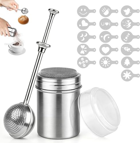 Set di 2 shaker per cioccolato, per spolverare lattine di caffè, spruzzini di caffè, in acciaio inox, con shaker per zucchero e farina, setaccio primaverile con 16 stencil per caffè, per cottura al