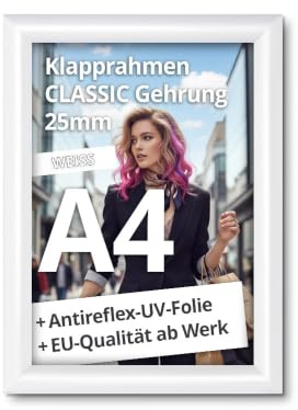 net-xpress® A4 Klapprahmen DIN A4 Plakatrahmen 25 mm weiß | mit Antireflex-UV-Folie | Posterrrahmen aus Alu mit Gehrungsecken | inkl. Schrauben & Dübel | Wechselrahmen A4 Klapprahmen weiss