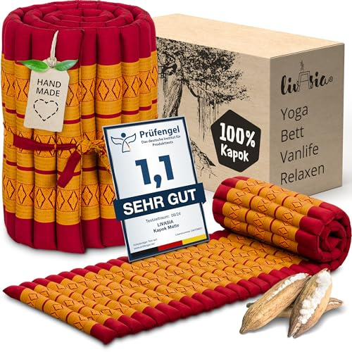 livasia Rollmatte Rollmatratze L-200x110x4,5cm, Gästebett Gästematratze 1 Person, Reisebett Kofferraum Outdoor, Thaimatte Kapok, Garten Balkon handgefertigt rubinrot