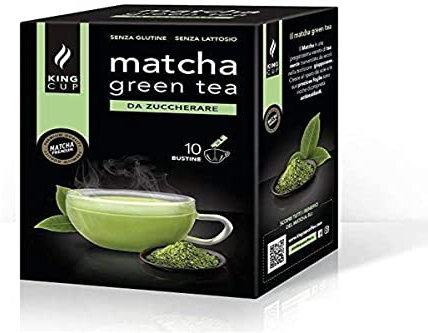 King Cup - 1 Paquet de 10 Sachets Solubles de Thé Matcha Sans Sucre, 10 Stick de 6 Gr pour Boisson Aromatisée Thé Matcha à Ajouter à 60 ml d'Eau Chaude, Sans Gluten et Sans Lactose