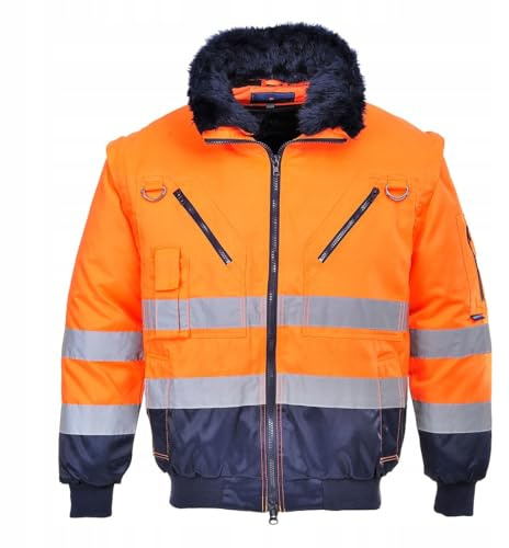 Portwest PJ50 Blouson Pilote Haute Visibilité 3 en 1 Déperlant Hiver | Orange/Marine, L, Haute Visibilité, 3 en 1, Manches Amovibles, Doublure Fourrure, Col Amovible, Réfléchissant