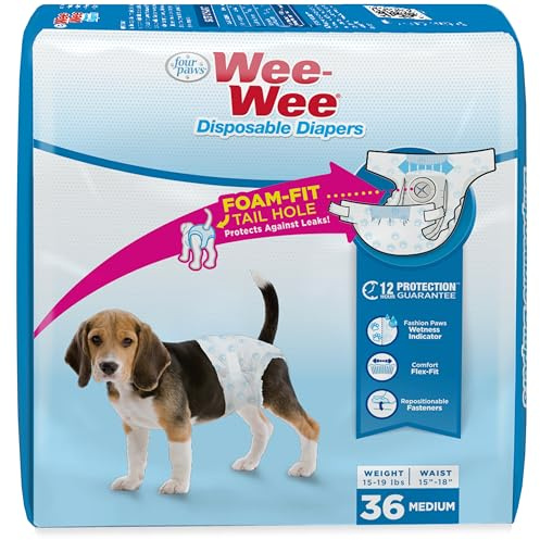 Four Paws Wee-Wee Super Absorbent Disposable Adjustable Dog Potty Training Diapers, Leak-Proof Protection for Dogs, Size Medium, 15 - 18 Waist, 36 Count