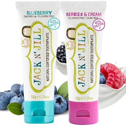 Jack N’ Jill Natural Certified Kids Toothpaste – Fluoride-Free Toddler & Baby Toothpaste with 40% Xylitol, No Sugar, Suitable from 6 Months+, Blueberry and Berries & Cream, Pack of 2 (50g Each)