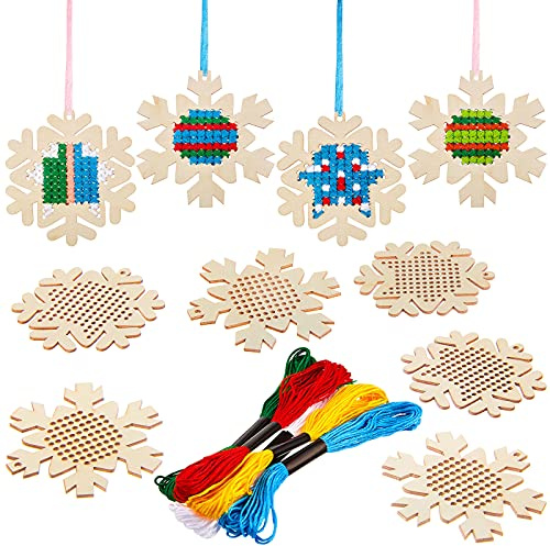 Blulu 10 Stück Weihnachten Holz Kreuzstich Sets Weihnachtsbaum Ornamente Hängende Dekorationen Weihnachtliche Kunst und Kunsthandwerk für Anfänger DIY Projekt Andenken (Schneeflocken Stil)