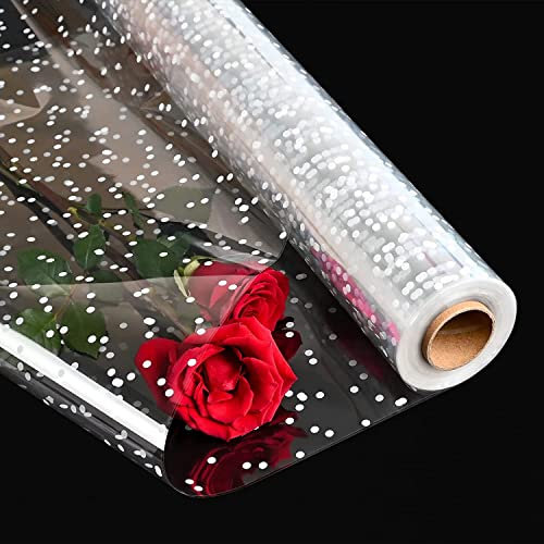 86CM x 45M Klare Cellophan Rolle mit Weißen Punkten- 3 Mil Dicke Geschenkfolie Transparent Zellophan Rolle, Große Klare Cellophan Taschen, Klares Verpackungspapier für Blumen Geschenkkörbe Wrap