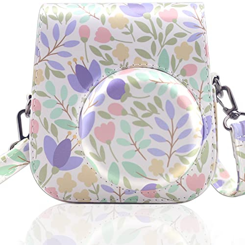 Frankmate PU Leather Camera Case Compatible with Fujifilm Instax Mini 11 12 Instant Camera with Adjustable Strap and Pocket (Flowers Green)