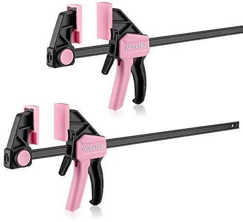 WORKPRO Einhandzwingen Set Rosa 2 Stück Schraubzwingen Spanner, Spannweite 300 mm, Dehnbereich bis zu 440mm, Spannkraft 68kg, Maultiefe 60mm, aus Stahl und Nylon für präzises Fixieren