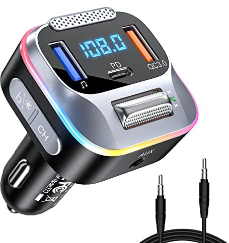 LENCENT Trasmettitore FM Bluetooth 5.0 per Auto, 20WPD+18WQC3.0 Caricatora USB da Auto, AUX Adattatore Bluetooth Radio Musica, Grande Microphone & HiFi Basso Suono, Chiamate Vivavoce e Assistente Siri