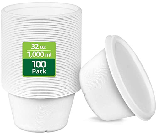 HOMURG Robust Papierschalen Groß 1000 ml & Lunch-Boxen mit Deckel, Weiße Einwegschüsseln & Meal Prep Boxen To Go, Kompostierbare Schüssel und Umweltfreundliche Lunchbox Mikrowelle Großpackung 100 Satz