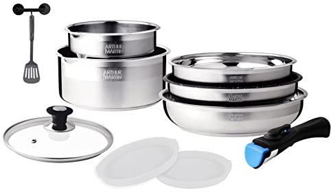 Arthur Martin AM0025 - Pentola da cucina rimovibile, 10 pezzi, in acciaio inossidabile, con beccuccio per versare, manico rimovibile per tutti i piani cottura, inclusa induzione