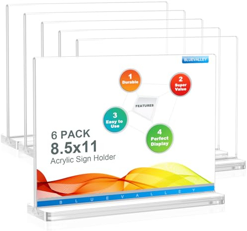 BlueValley Clear Plastic Flyer Sign Holder 8.5 x 11 Standing, 6Pack Horizontal Table Top Acrylic Brochure Menu Signs Holder, Double Sided Plexi Picture Photo Frame Lucite Paper Display Stand for Office Retail Vendor Show Fairs