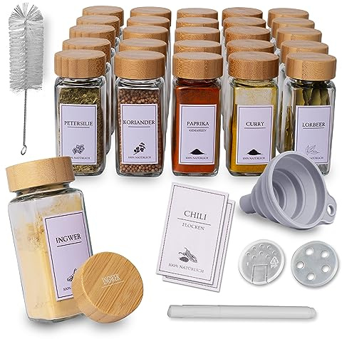 comforder Gewürzgläser mit Streueinsatz, 24x 120ml, 2 Gewürzmühlen (Bambus) | 336 Wasserfeste Etiketten, Trichter, Marker & Bürste, Gewürzstreuer Eckig, Luftdicht & Lebensmittelecht
