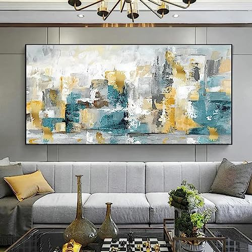 Ciudad Abstracta Lienzo Pintura Moderna Dorada Amarillo Azul Ciudad Edificio Carteles Impresiones para Sala de Estar Decoración Arte de Pared 65x14 5cm/26x57in Con-Marco Negro