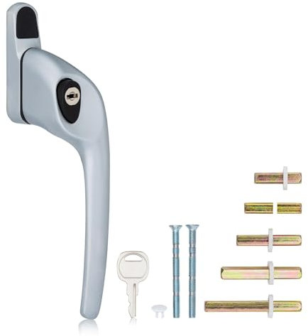 XFORT Cranked Locking Window Handle Installation Kit in Satin Chrome, Right Hand UPVC Window Handle Replacement, Offset Lockable Window Lever