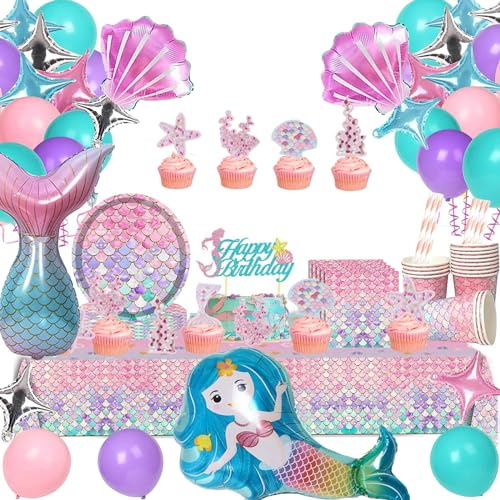 121 Pieces Mermaid Birthday Decoration for 20 Guests, Birthday Decoration Girls, Mermaid Party Tableware Set, Mermaid Party Children's Birthday Set for Mermaid Decoration Children's Birthday Party