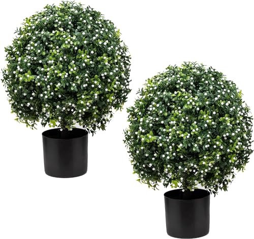 Set di 2 alberi artificiali in legno di bosso topiaria per esterni, portico, 55 cm, T x 15 cm, piante di bosso finto per esterni, casa, giardino, decorazioni natalizie per veranda di casa (bianco)