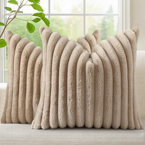 decorUhome Cozy Faux Fur Throw Pillow Covers 18x18 Set of 2 Decorative Soft Plush Striped Modern Farmhouse Boho Couch Pillow Cases with Velvet Back for Sofa Bed Living Room, Khaki Brown