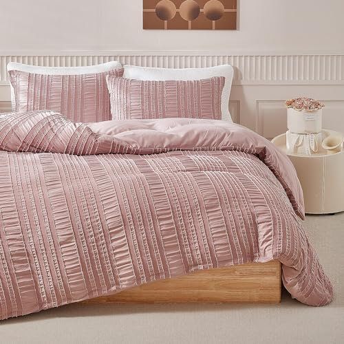 Luofanfei Bettwäsche 135x200 Altrosa Rosa Uni Boho Wendebettwäsche Set Microfaser Stickerei Shabby Chic Geometrisches Muster Bohemian Bettbezug 135x200 und Kissenbezug 80x80 cm mit Reißverschluss