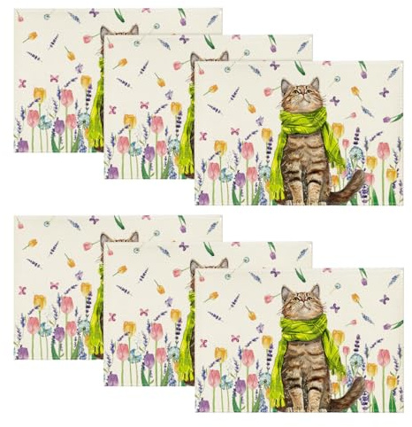 Artoid Mode Blumen Tulpen Lavendel Katze Frühling Platzsets 6er Set, 30x45cm Urlaub Tischsets Waschbar Platzdeckchen Küche Party Deko