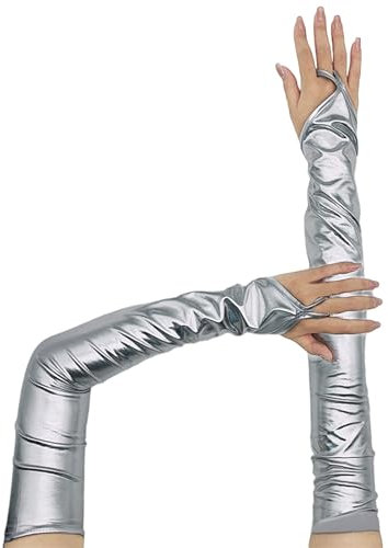 FACAILUO Tanzhandschuhe Patentierte Beschichtete Lange Handschuhe Frauen Club Handschuhe für Abend Cosplay Party Lange PU Handschuhe Karneval Requisiten, silber, 40 cm