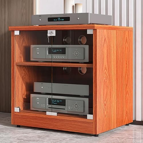 JIAOCKJIAO Stereoschrank, Audio Rack Hi Fi Regal mit Glastür, Hi Fi Rack mit Kabellöchern, AV Phonoschrank, Moderner TV-Ständer aus Holz, mit Verstellbaren Regalen(Brown,2 Tier 120x48x37CM)