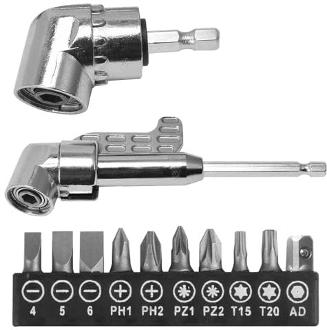 HIULLEN 2PCS Right Angle Drill Attachment, 105 Degree Right Angle Drill Adapter, Righ-t An-gle Screwdriver for Screwing and Drilling in Tight Corner Workspaces (Short+Long+10 Screwdriver Bits)