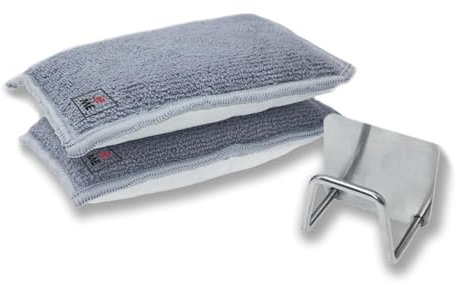 Éponge Réutilisable Lavable, 2 tampons grattants Non rayants en Microfibre éponge nettoie efficacement Toutes Les Surfaces avec Support pour Éponges. (Grise ET Blanc)