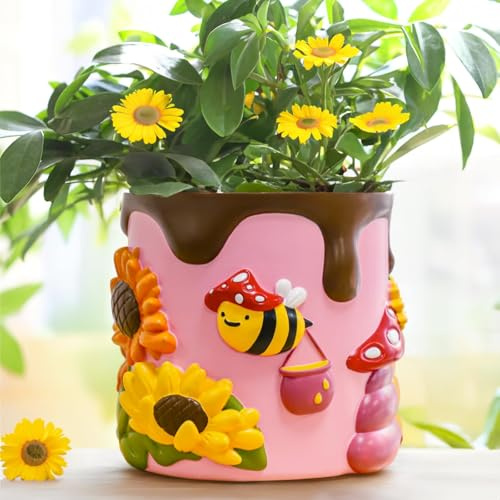 AmiCera Bunte Biene Sonnenblume Pflanztöpfe, Niedliche Pflanzentopf mit Drainage, Kleine Pilze Sukkulenten Blumentopf für Zimmerpflanzen, Eklektische Gartenarbeit Geschenke für Pflanzenliebhaber, Rosa