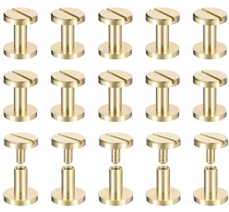 sourcing map 25Pack Brass Chicago Screws, 6x10mm Flat Head Screw Back Binding Post Nail Stud Rivets for DIY Leather Craft Belt Strap, Gold