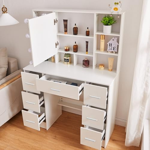 LIANWANG Schminktisch mit Hocker, Frisiertisch mit Spiegel und LED Beleuchtung für Make up, 3 Farbtemperaturen und Einstellbarer Helligkeit, 7 Schubladens, 40x100x140cm, LW31520114