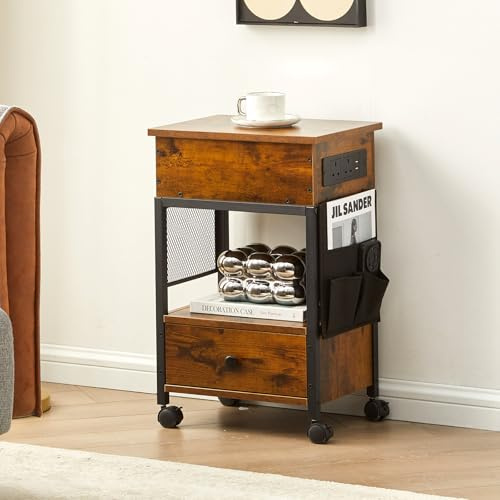 LEMROE Comodino con Prese Elettriche e Porte USB - Comodini in Legno con Struttura in Metallo, Tavolino con Cassetto e Vassoio per Soggiorno o Camera da Letto (1, Marrone)