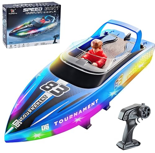 OBEST Barca di controllo remoto con luci a LED, 2,4 GHz, 15 km/h, barca telecomandata ad alta velocità, alta velocità, controllo remoto, 120 minuti, per piscina/lago/laghetto