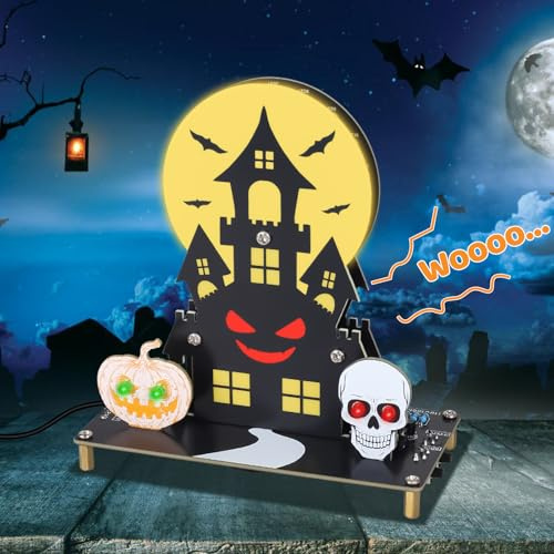 Halloween Lichter DIY Lötprojekte, ElektoLoter Löt Bausatz mit 3 Lichtmodi und Unheimlichen Soundeffekten, Schloss Kürbis Totenkopf Halloween Deko Löten Baukasten für Elektronisches Lernen