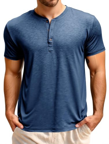 Runcati Hombre Camiseta Manga Corta Henley | Botones, Color Liso, Ajuste Regular, Transpirabilidad, Look Veraniego, Estilo Casual, Prenda Básica
