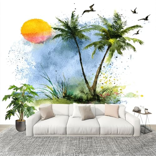áRboles de Coco Tropicales En Acuarela Fotomurales Pared Papel Pintado 250x175 cm Verde Tejido No Tejido Fotomurales Dormitorio Para la sala Decoración de pared tipo póster Fondo De Pantalla