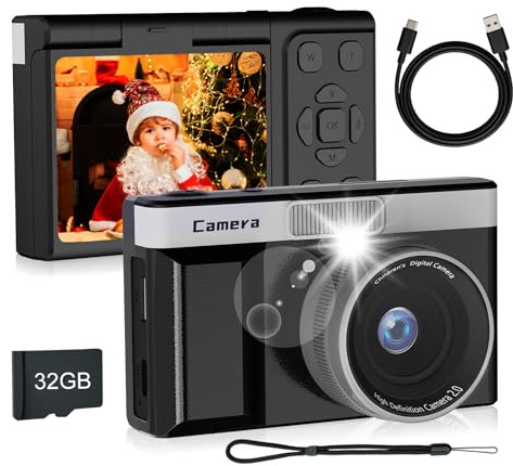 Appareil Photo numérique Compact 1080P, 30 MP, Appareil Photo Enfant avec écran Pliable à 180°, Carte mémoire de 32 Go et Zoom numérique 5X, Un pour Les Enfants et Les débutants.
