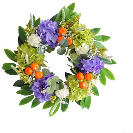 Corona de hortensias artificiales con mini naranjas realistas para decoración de puertas, mejora cualquier entorno